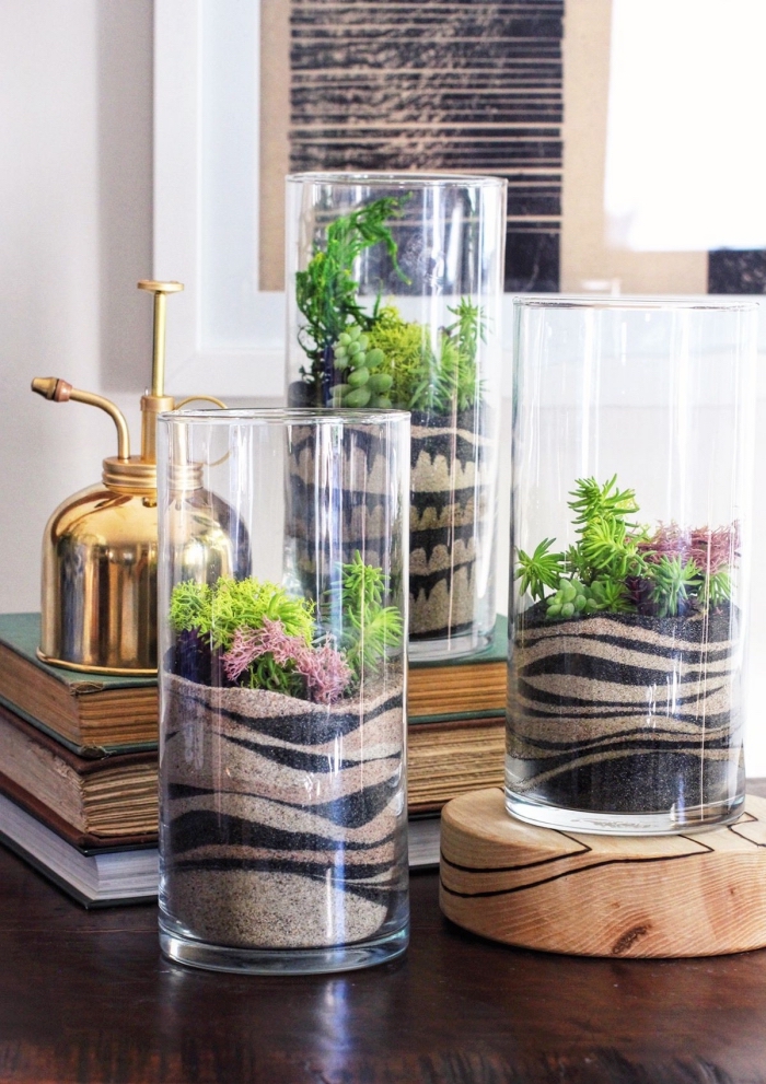 modèles de terrariums faciles avec plantes vertes, idée comment faire un mini jardin dans un récipient en verre