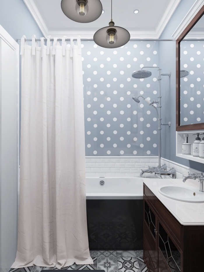 idée aménagement petit espace, décoration salle de bain 3m2 avec murs bleus et carrelage blanc et gris clair