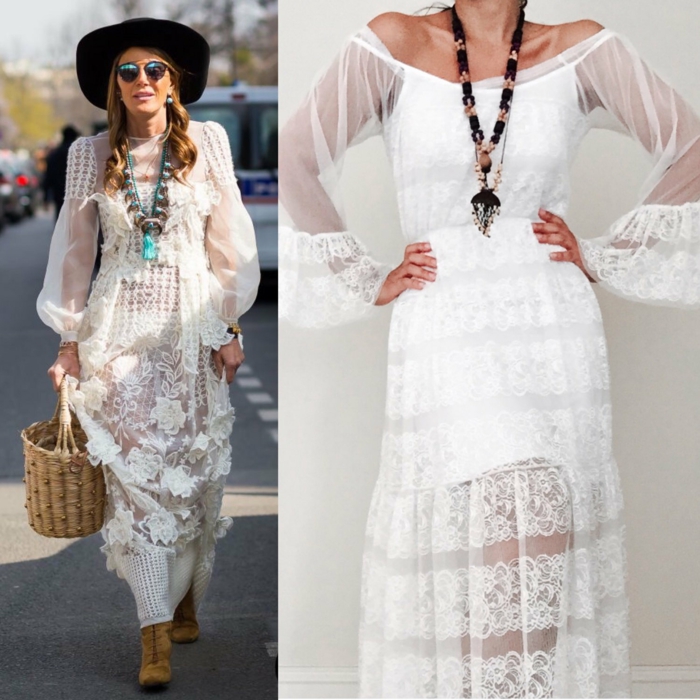 robe longue blanche boheme, robe champetre chic, robe longue hippie chic, manches longues bouffantes transparentes, collier en style ethnique avec des éléments en bois 