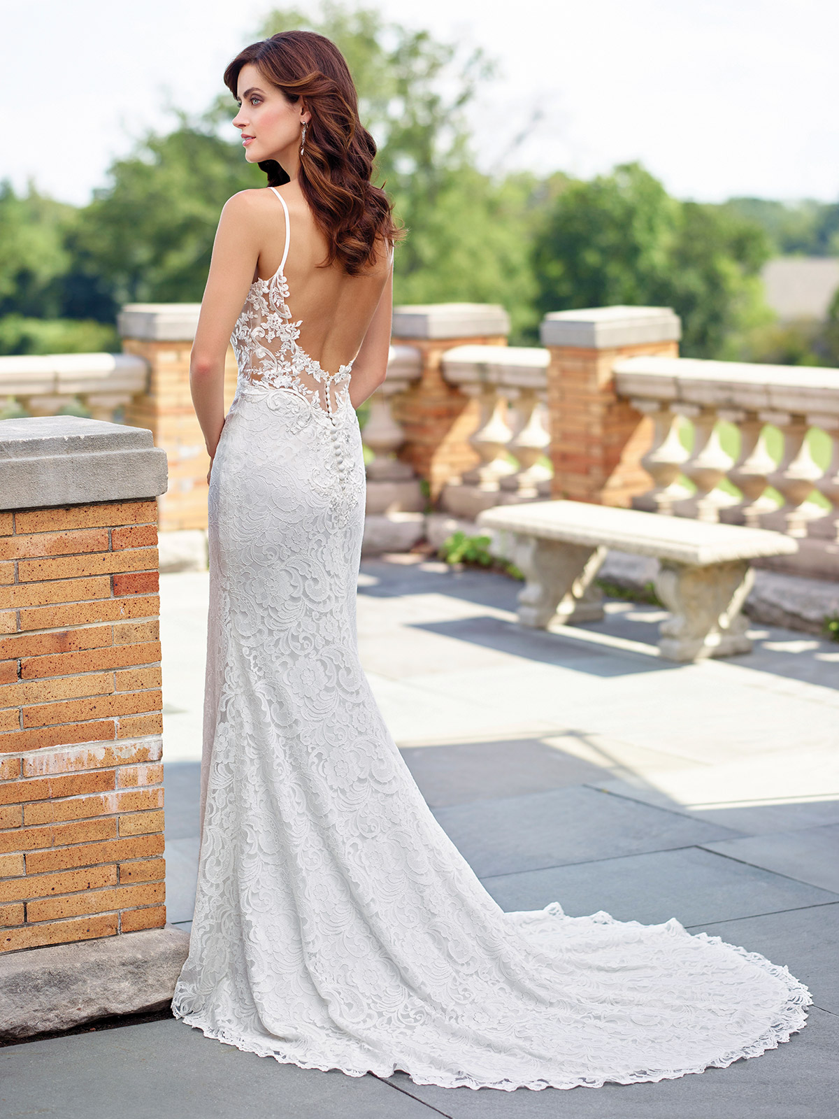 modèle de robe de mariée dentelle dos nu orné de petits boutons avec une traîne majestueuse