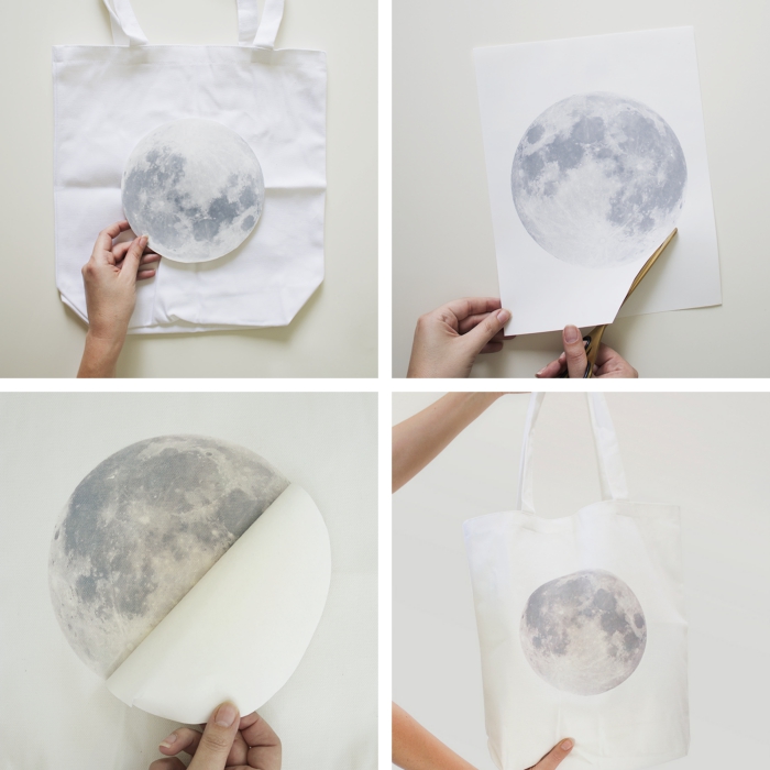 modèle de sac à main blanc personnalisé avec un sticker autocollant à design lune, technique transfert sur textile