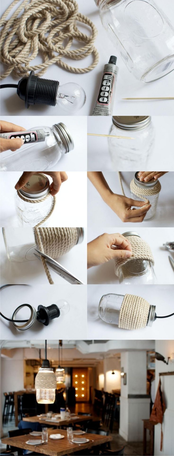 une lampe bocal diy habillée de la corde, idée de bricolage facile avec un objet recyclé