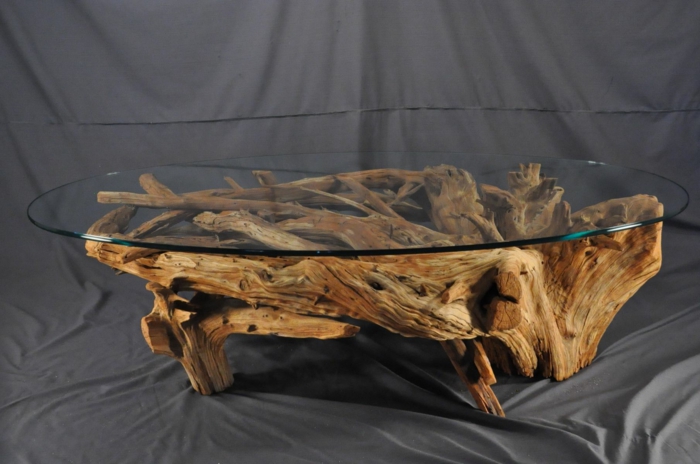 table basse bois flotté, création unique et un meuble au design artistique, piétement bois flotté