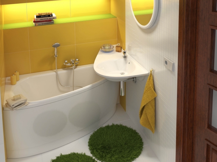 idée aménagement petite salle de bain 2m2, modèle rangement gain place avec niche murale à design carrelage jaune et éclairage néon