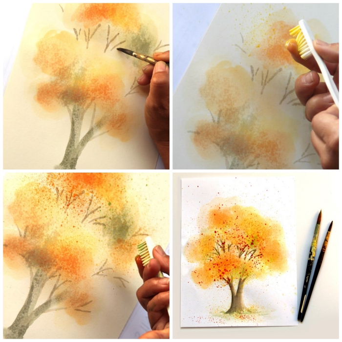tuto aquarelle pour peindre un joli arbre d'automne, technique de peinture pour réaliser des projections en aquarelle