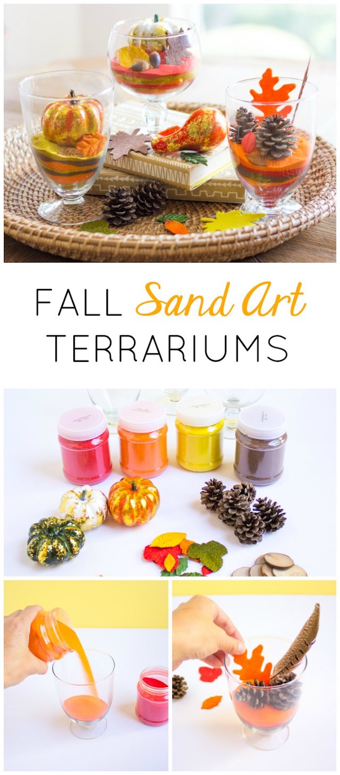idée comment faire un terrarium plante en sable coloré , pommes de pins, mini citrouilles et feuilles mortes artificielles, deco automne a faire soi meme