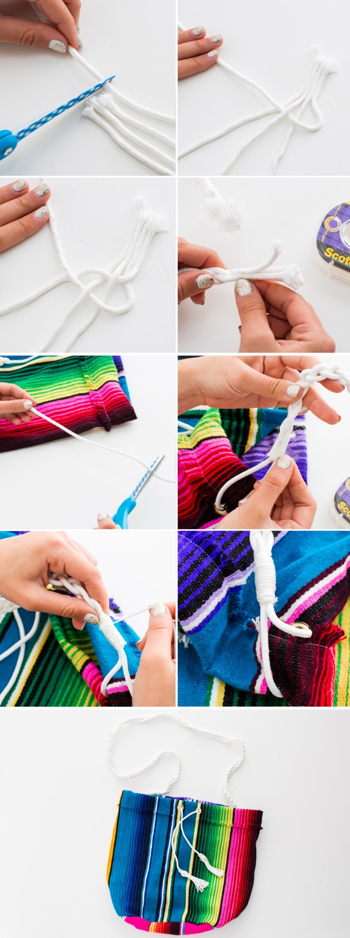 idée comment faire une poignée de sac DIY en corde coton, modèle de sac à main multicolore à rayures avec poignée blanche