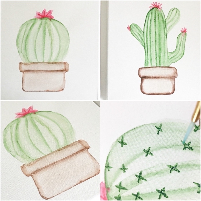 peinture facile à reproduire pour réaliser un pot de cactus avec des couleurs très diluées