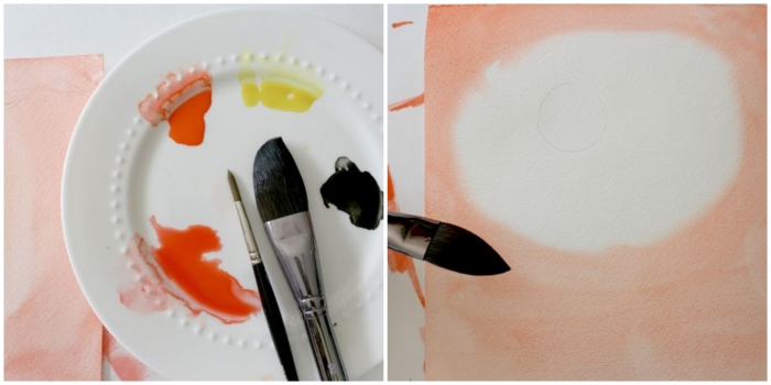 apprendre à mélanger les couleurs pour réaliser de jolies peinture à l'aquarelle, tuto aquarelle coucher de soleil et chat noir