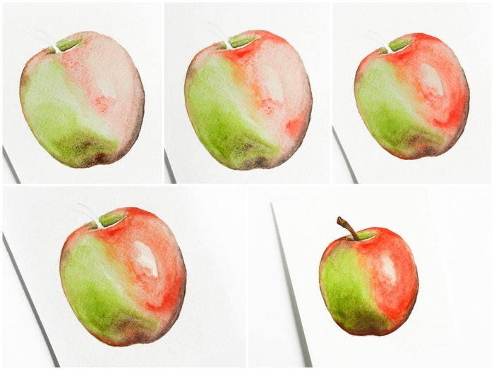 technique simple pour réaliser une pomme à l'aquarelle aux reflets lumineux, nature morte à la peinture aquarelle