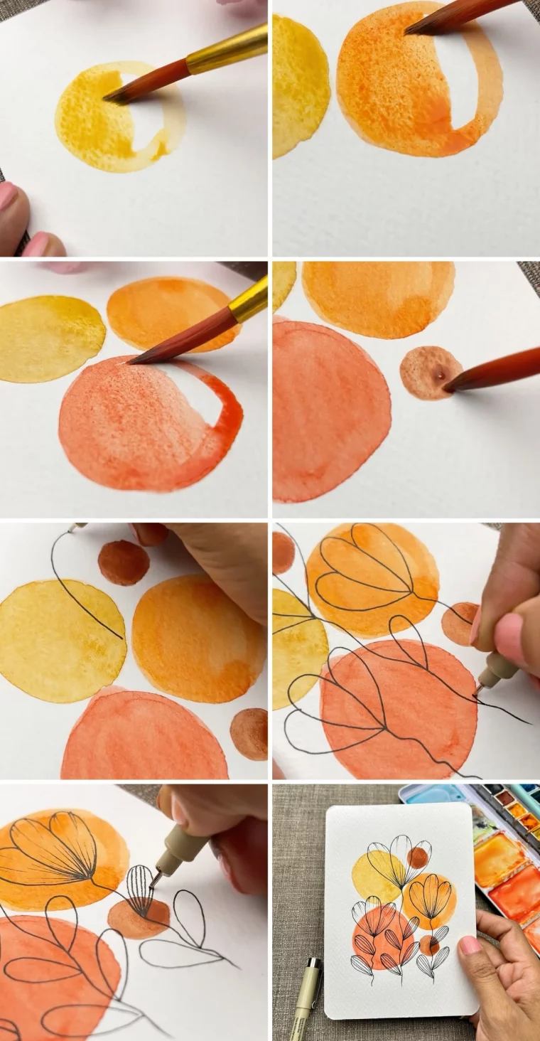 tuto aquarelle facile motifs abstraits art moderne cercles colores marqueur noir