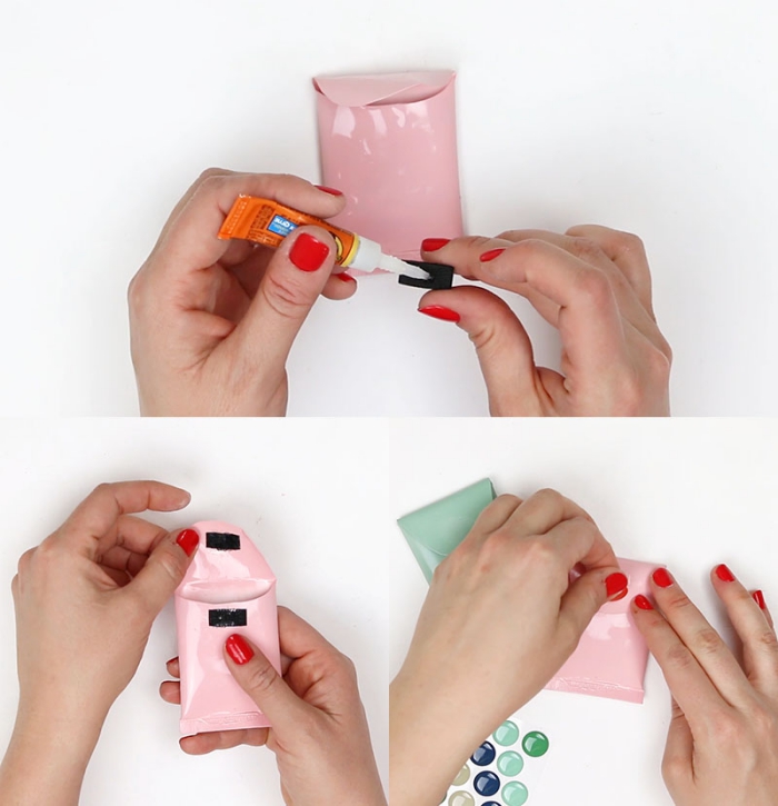 tuto bricolage avec des tubes en plastique recyclées en pochettes vide-poches couleur pastel