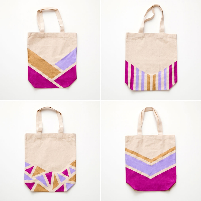 exemple de sacs à main customisés avec peinture textile et washi tape, joli déco aux motifs géométriques sur sac cabas