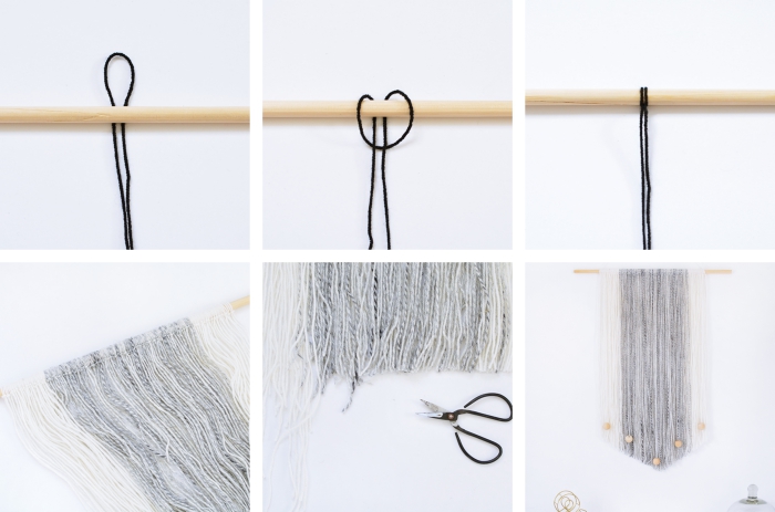 modèle de macramé facile en cordes blanc et gris clair, tuto macramé suspension facile à fabriquer avec bâton de bois et déco en perles de bois