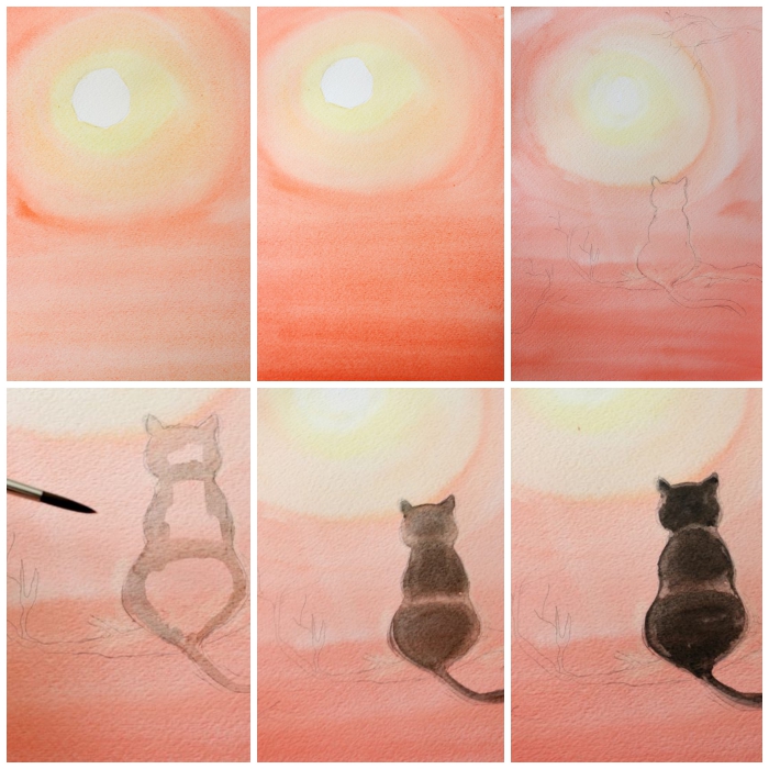 tuto peinture aquarelle pour débutants, tuto de peinture pour peindre un chat noir perché sur une branche tourné vers la pleine lune