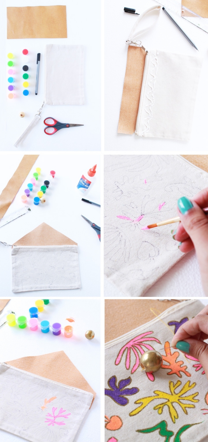 tuto facile pour personnaliser une pochette en coton canvas avec des motifs feuilles matisse colorées, comment faire une pochette en tissu facile et originale