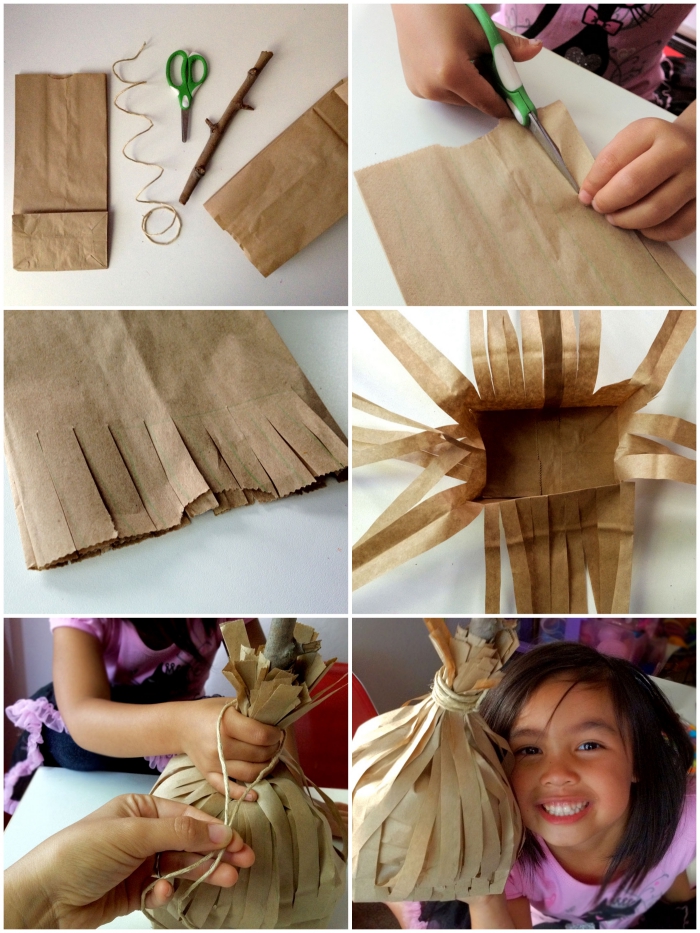 idée d'activité manuelle facile et rapide sur le thème d'halloween, tuto pour fabriquer un balai à partir d'un sac en papier kraft