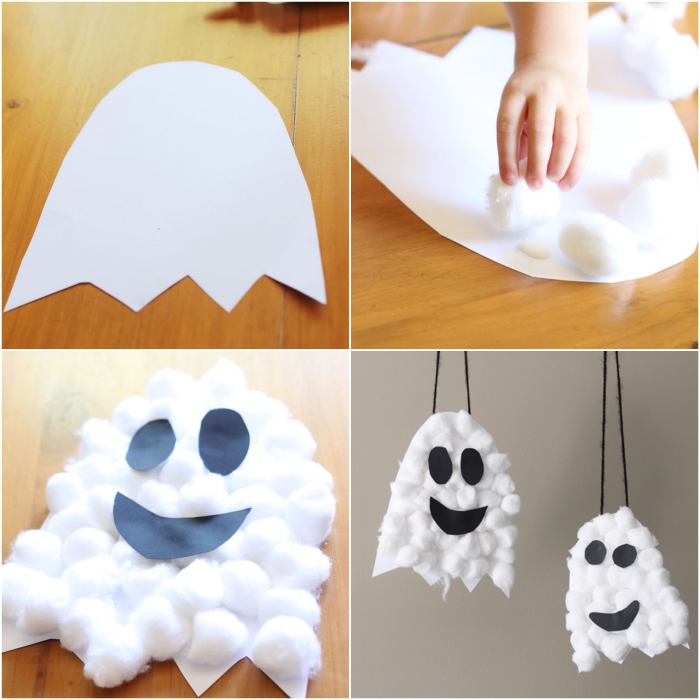 comment fabriquer des fantômes d'halloween en coton et en papier pour les suspendre, bricolage halloween maternelle pour réaliser une déco thématique facile et originale