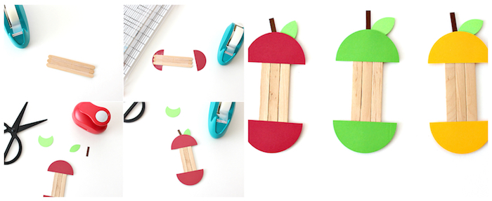 exemple de bricolage automne, comment faire une pomme en batonnets de glace avec des demi cercles en papier coloré