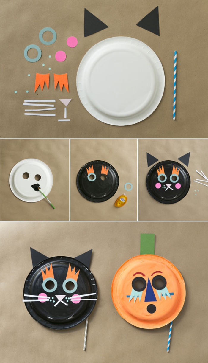 activité manuelle facile et rapide avec des assiettes en carton transformées en chat noir et citrouille d'halloween, bricolage masque halloween