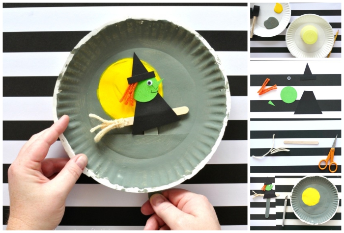 activités manuelles de maternelle, une sorcière d'halloween sur un balai en assiette de carton peinte en gris et jaune 