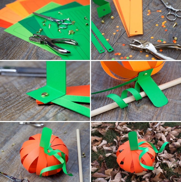 activité manuelle primaire sur le thème d'halloween, tuto facile pour réaliser une citrouille en bandes de papier orange et vert