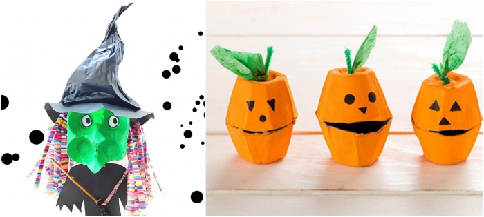 idée de bricolage halloween maternelle avec une boîte d'oeufs récupérée, sorcière effrayante et petites citrouille-lanternes en boîte d'oeufs récup