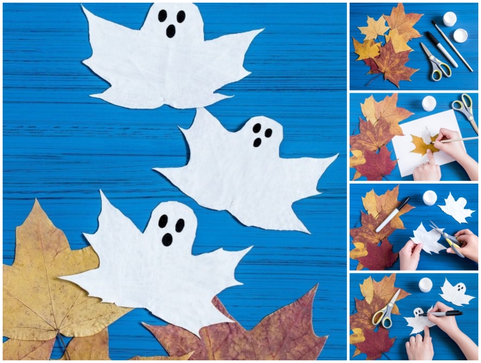 des feuilles d'automne transformées en fantômes d'halloween à l'aide d'un peu de peinture blanc, une paire de ciseau et un feutre noir, bricolage maternelle facile et rapide