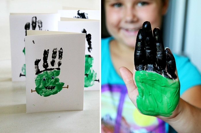 projet de peinture et bricolage halloween maternelle, créature de frankenstein en empreinte de main sur une carte diy