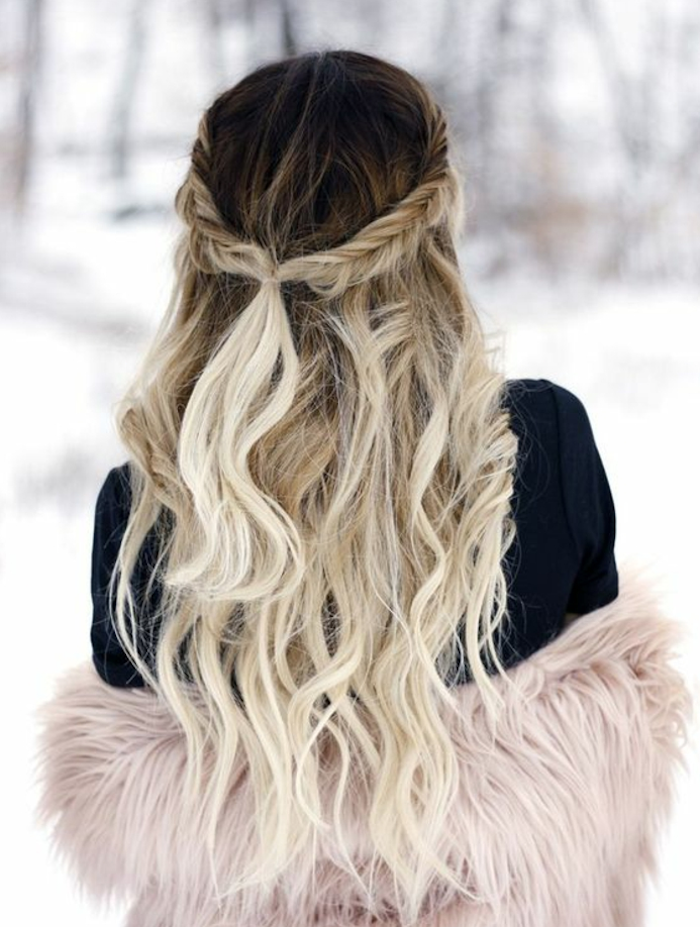 coloration tie dye blond polaire sur cheveux longs ondulés épais avec tresse couronne