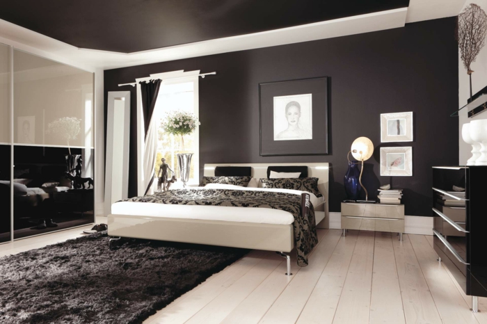 lit blanc, deco peinture chambre en deux couleurs, tapis gris moelleux, sol en planches blanches