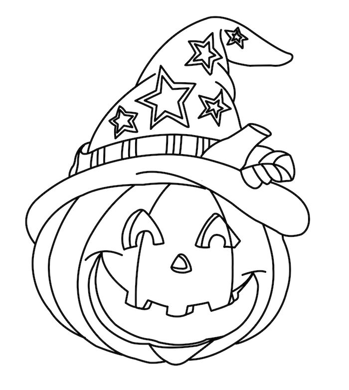 dessin halloween facile de citrouille souriante avec chapeau à colorier