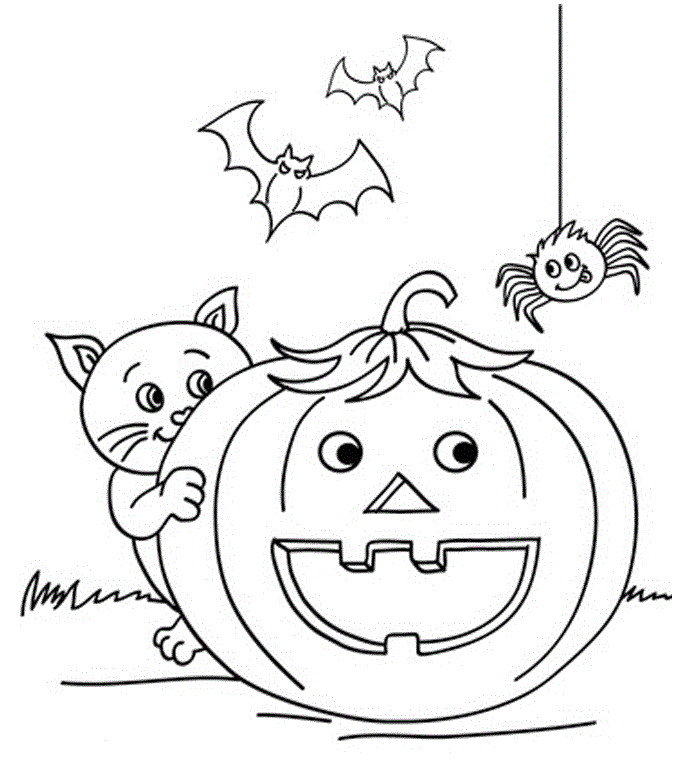 dessin halloween facile avec monstres gentils citrouille araignée chauve souris à colorier 