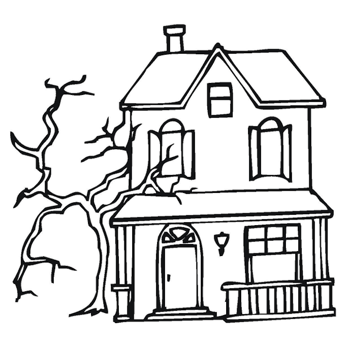 deco halloween a imprimer maison hantée facile en noir et blanc pour coloriage enfant