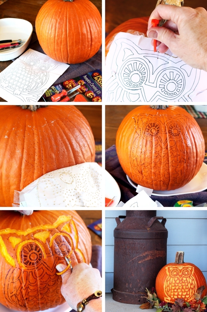 apprendre à décorer un potiron halloween, exemple comment réaliser un dessin hibou sur une grande citrouille