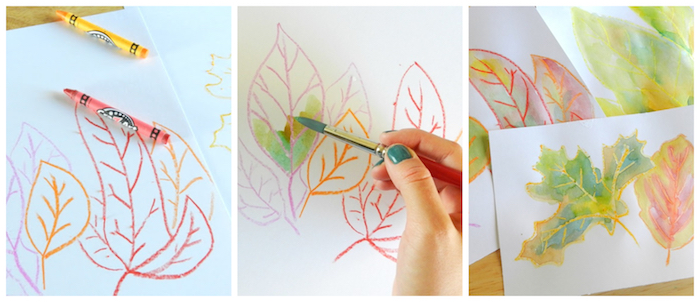 dessin de feuilles mortes en pastel et aquarelle, quel bricolage pour l automne en primaire et maternelle