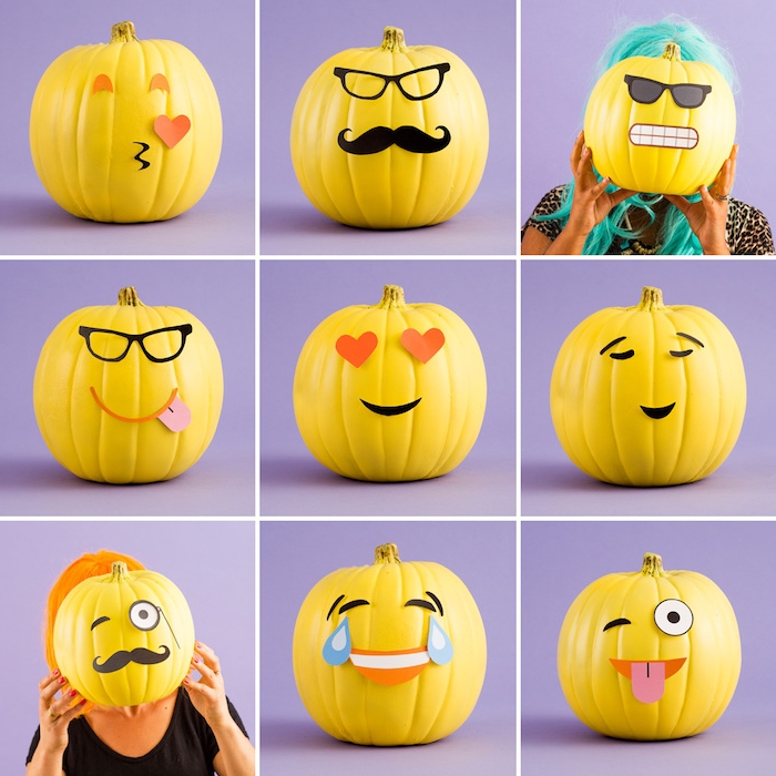 bricolage halloween facile, citrouille emoji en peinture jaune avec des traits de visage en papier coloré