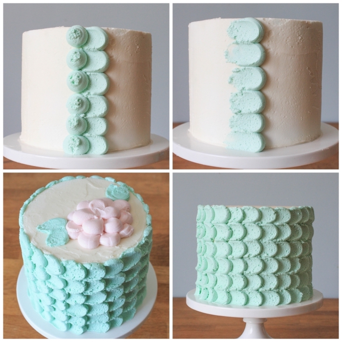 joli gâteau d'anniversaire aux pétales vert pastel réalisées avec de la crème au beurre à l'aide d'une poche à douille
