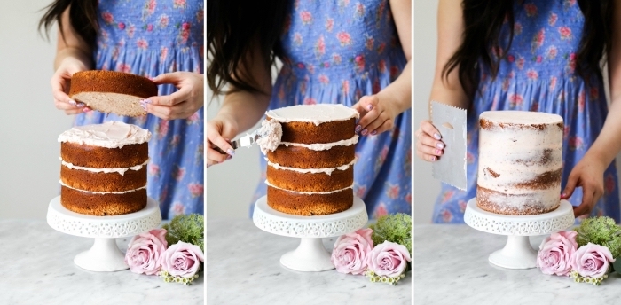 le montage facile d'un gâteau naked cake à la crème au beurre, comment faire un gateau layer cake pour un anniversaire ou un mariage