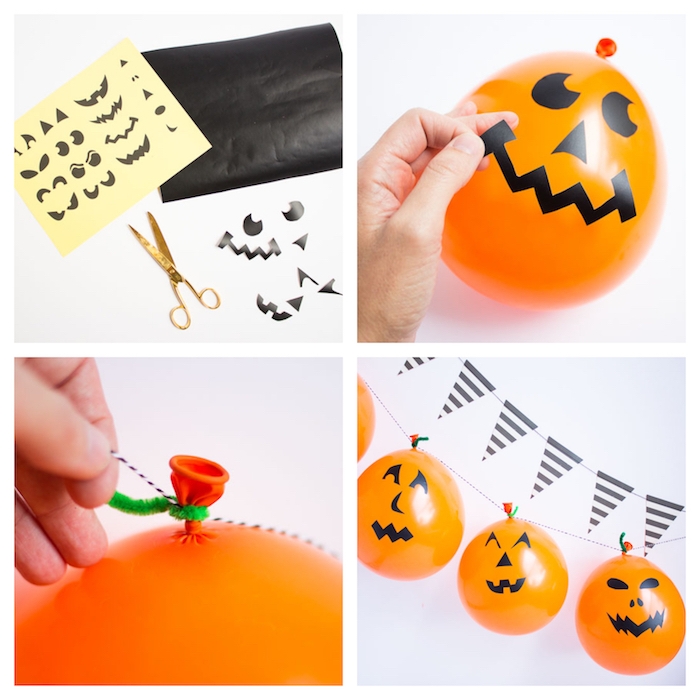 bricolage halloween facile en guirlande halloween de ballons orange avec motif jack o lantern stickers originaux, tige en cure pipe verte