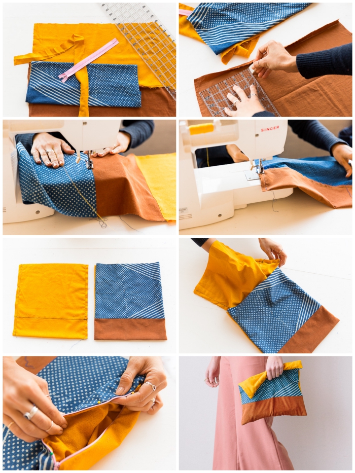 comment faire une pochette en tissu facile, tuto de couture facile pour réaliser un sac pochette avec trois tissu différents