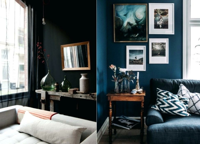 idée déco salon, couleur mur salon bleu ou noir, coussins graphiques, tables consoles vintage