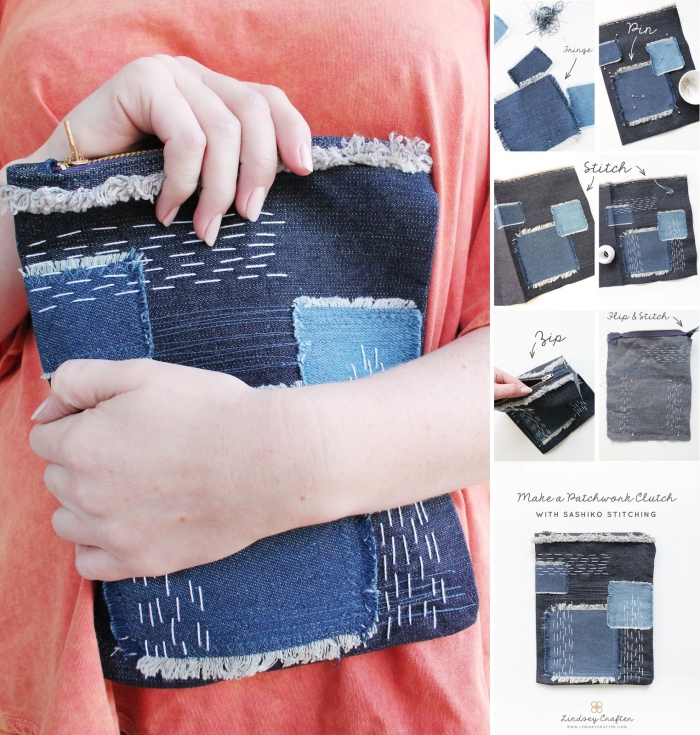 tuto pochette couture pour débutants, pochette diy en jeans recyclés à motifs broderie sashiko