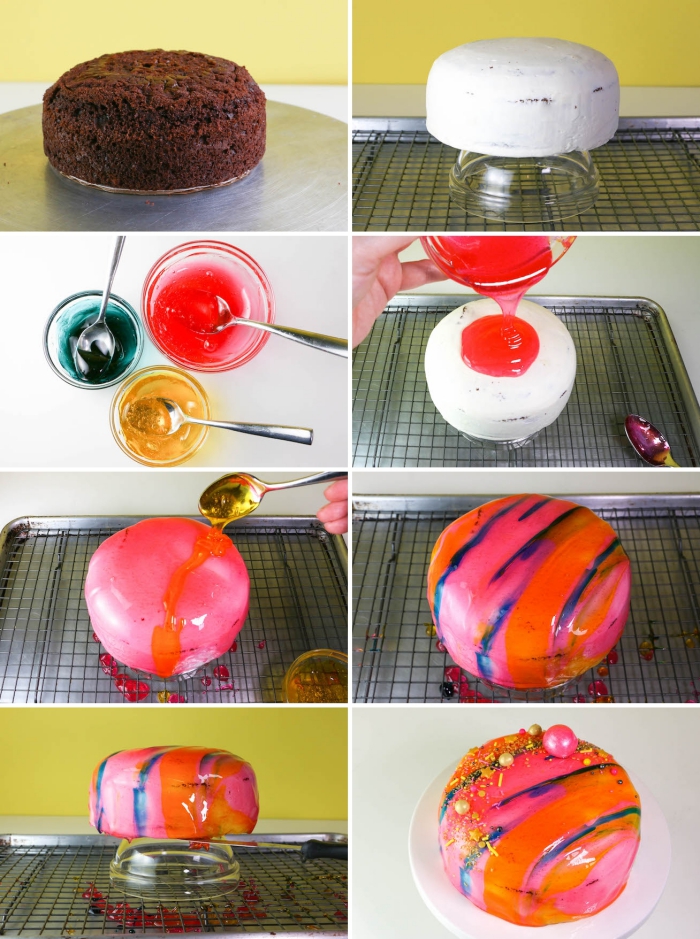 gâteau rond chocolat au glacage neutre coloré en rose et orange, tuto pas à pas facile pour réaliser un glaçage brillant