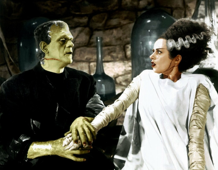 idée déguisement Frankenstein, peinture pour corps verte, robe blanche longue, coiffure volumineuse