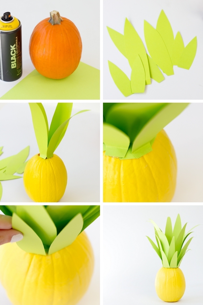activité manuelle facile pour réaliser un objet décoratif avec citrouille blanche, diy citrouille en forme d'ananas