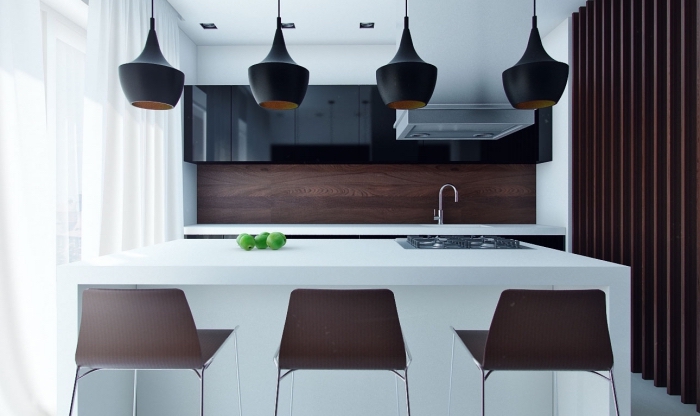 comment aménager une petite cuisine avec ilot central pour optimiser l'espace, modèle de lampes modernes en noir