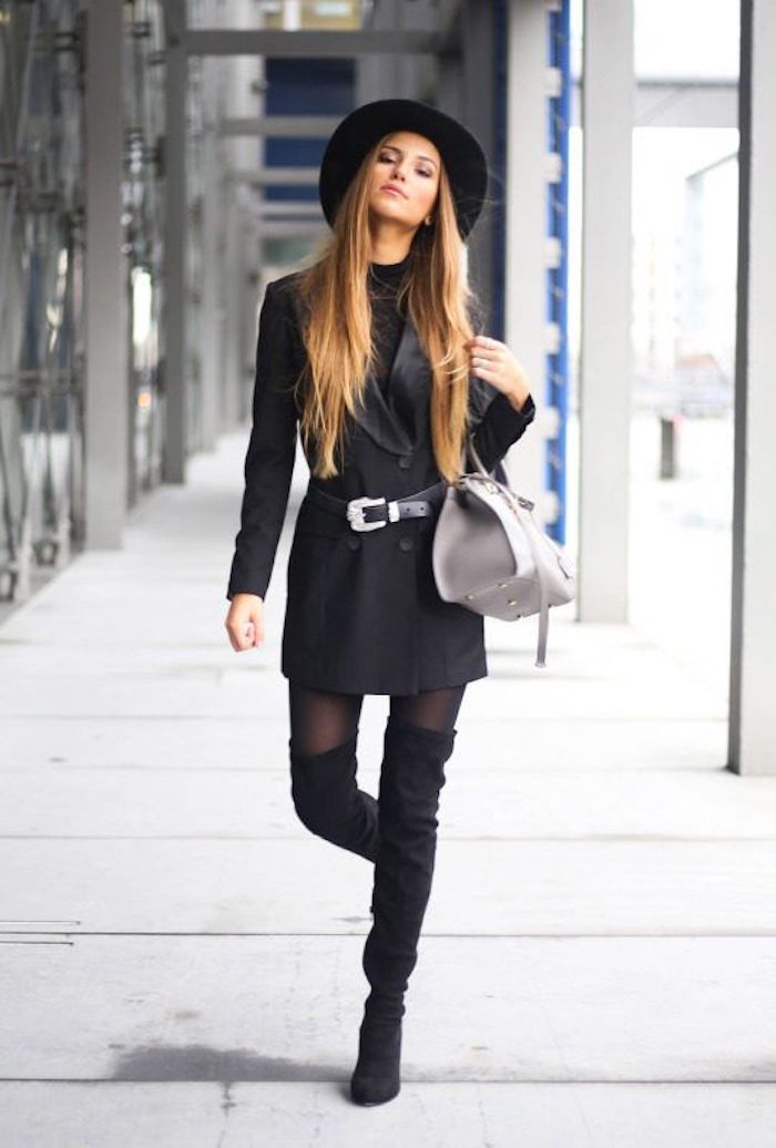 Cuissardes cuir fausse, beau look avec cuissarde noir, tenue avec bottines hautes, chouette idée de tenue chic