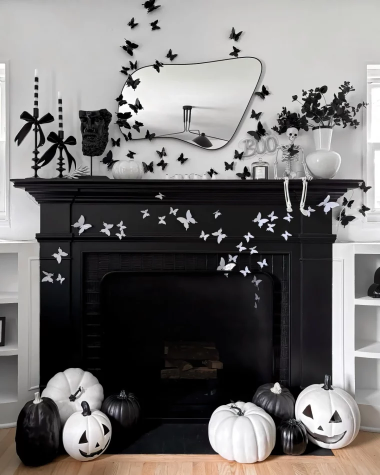 deco halloween blanc et noir citrouilles chauves souris autocollants