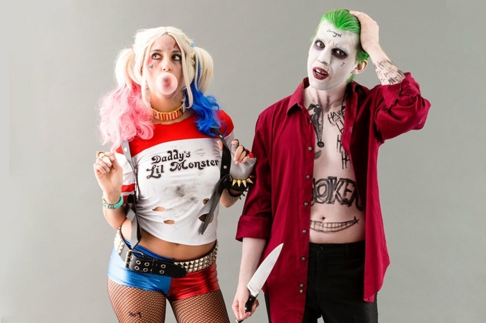 un amour toxique et effrayant, déguisement américain Harley Quinn et le Joker, idee deguisement duo terrifiant